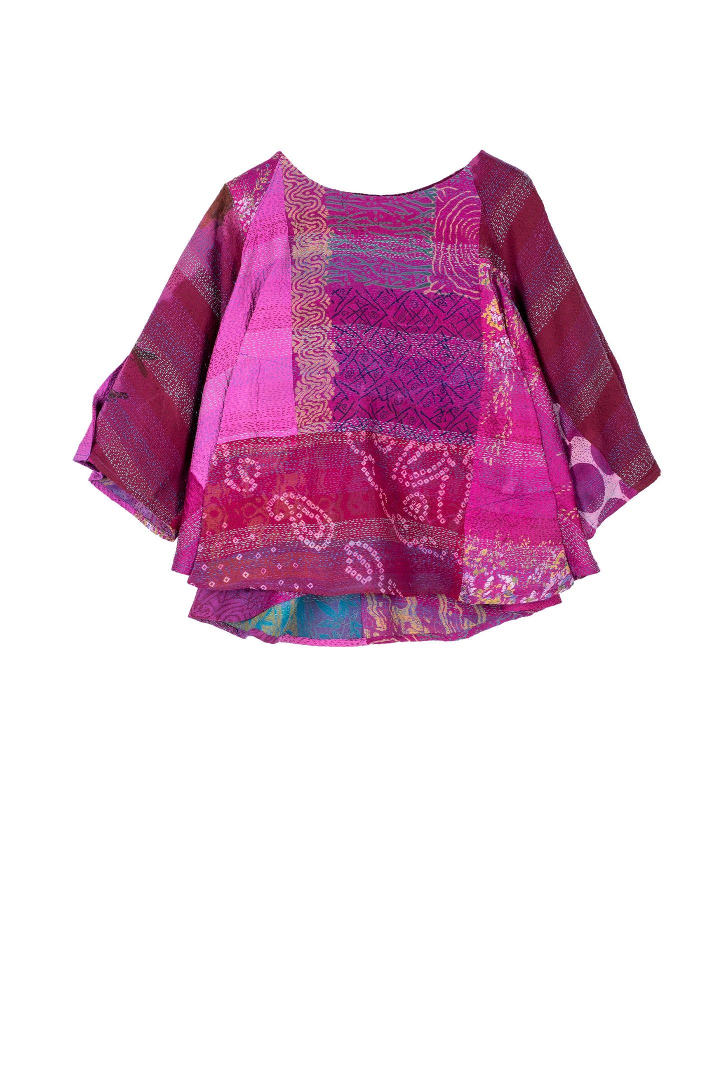 GEORGETTE VINTAGE SILK PATCH KANTHA PUFF SLV. FLARE SHORT TOP