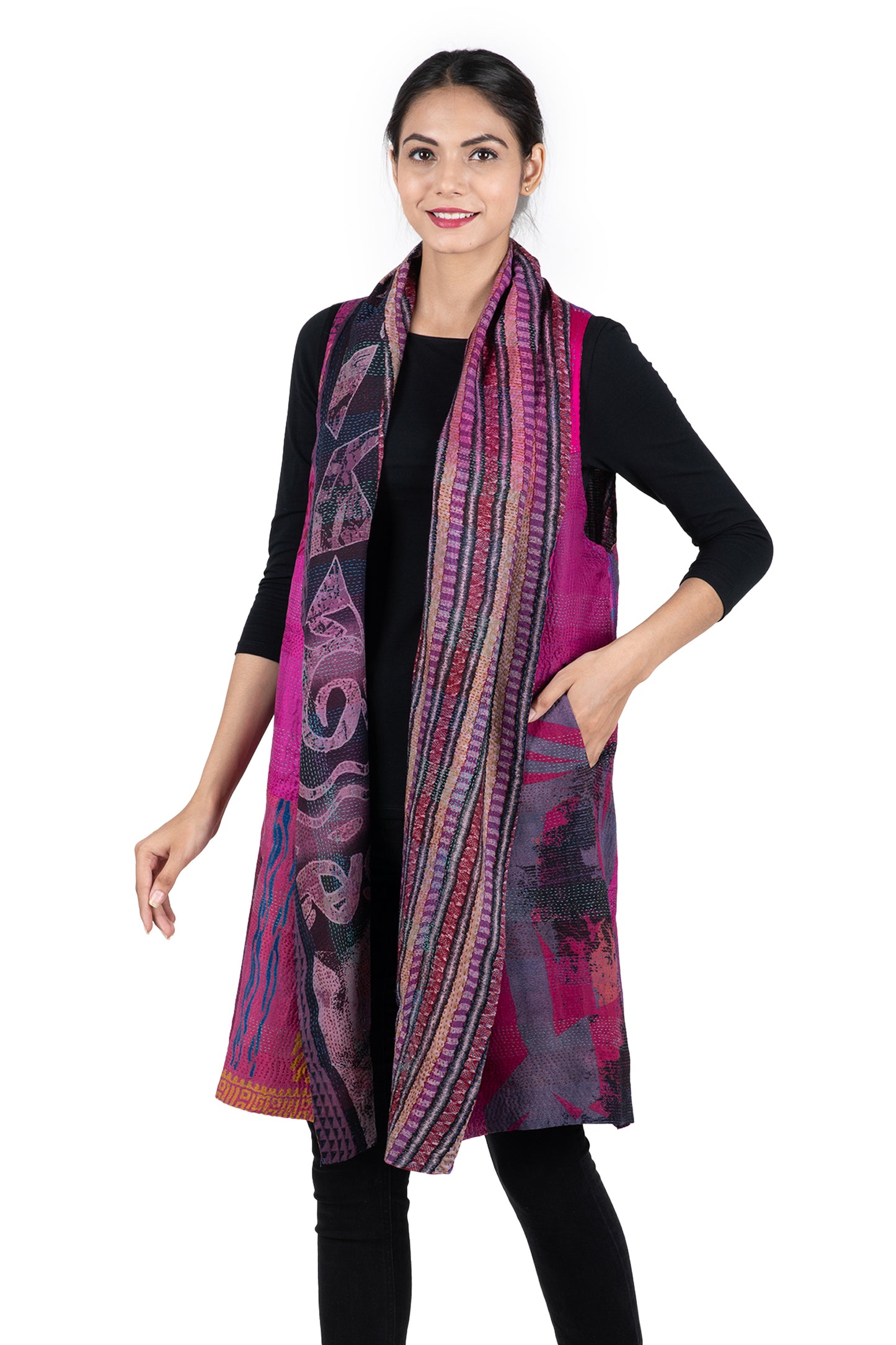 GEORGETTE VINTAGE SILK PATCH KANTHA SHAWL COLLAR VEST