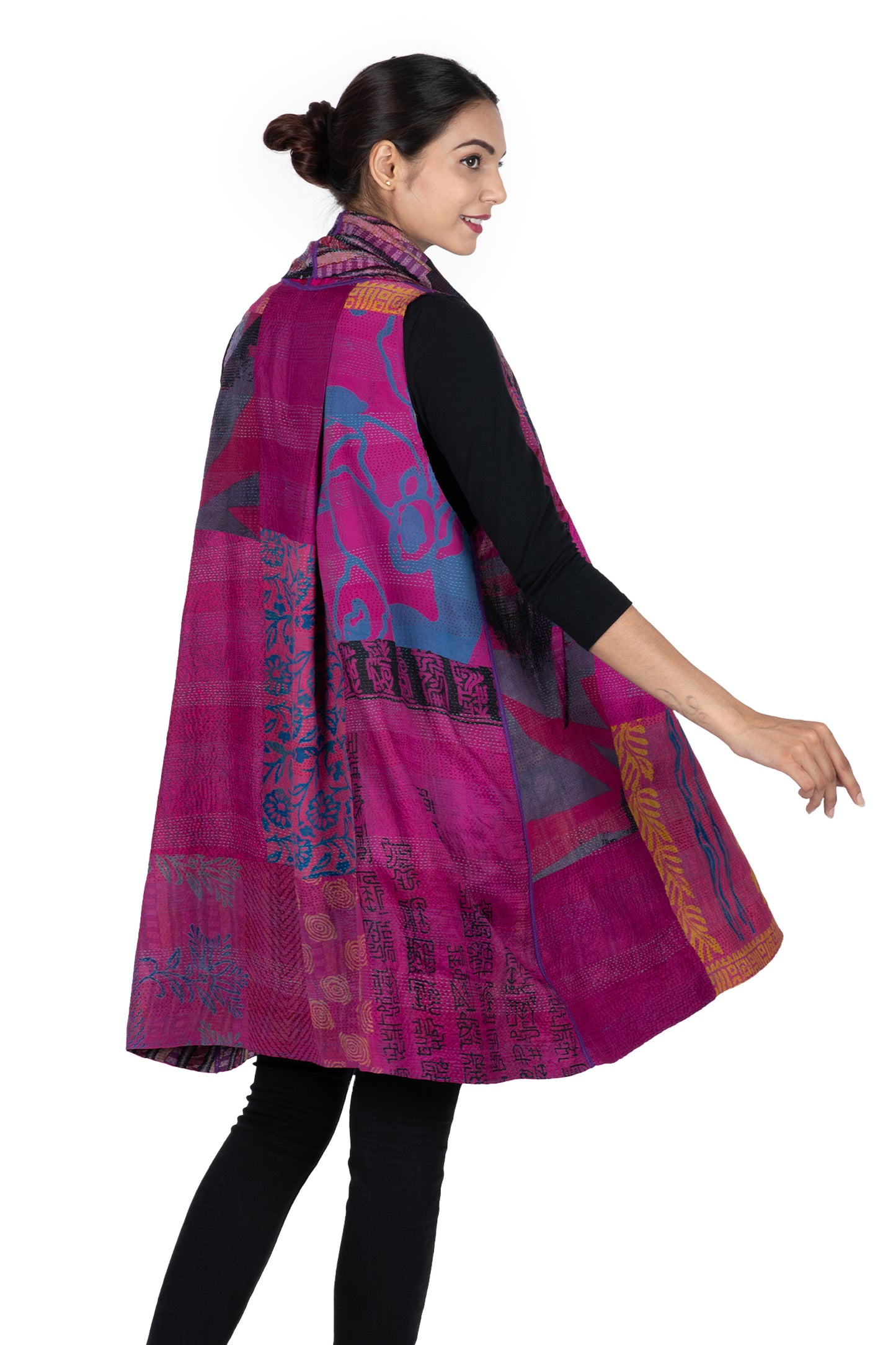 GEORGETTE VINTAGE SILK PATCH KANTHA SHAWL COLLAR VEST