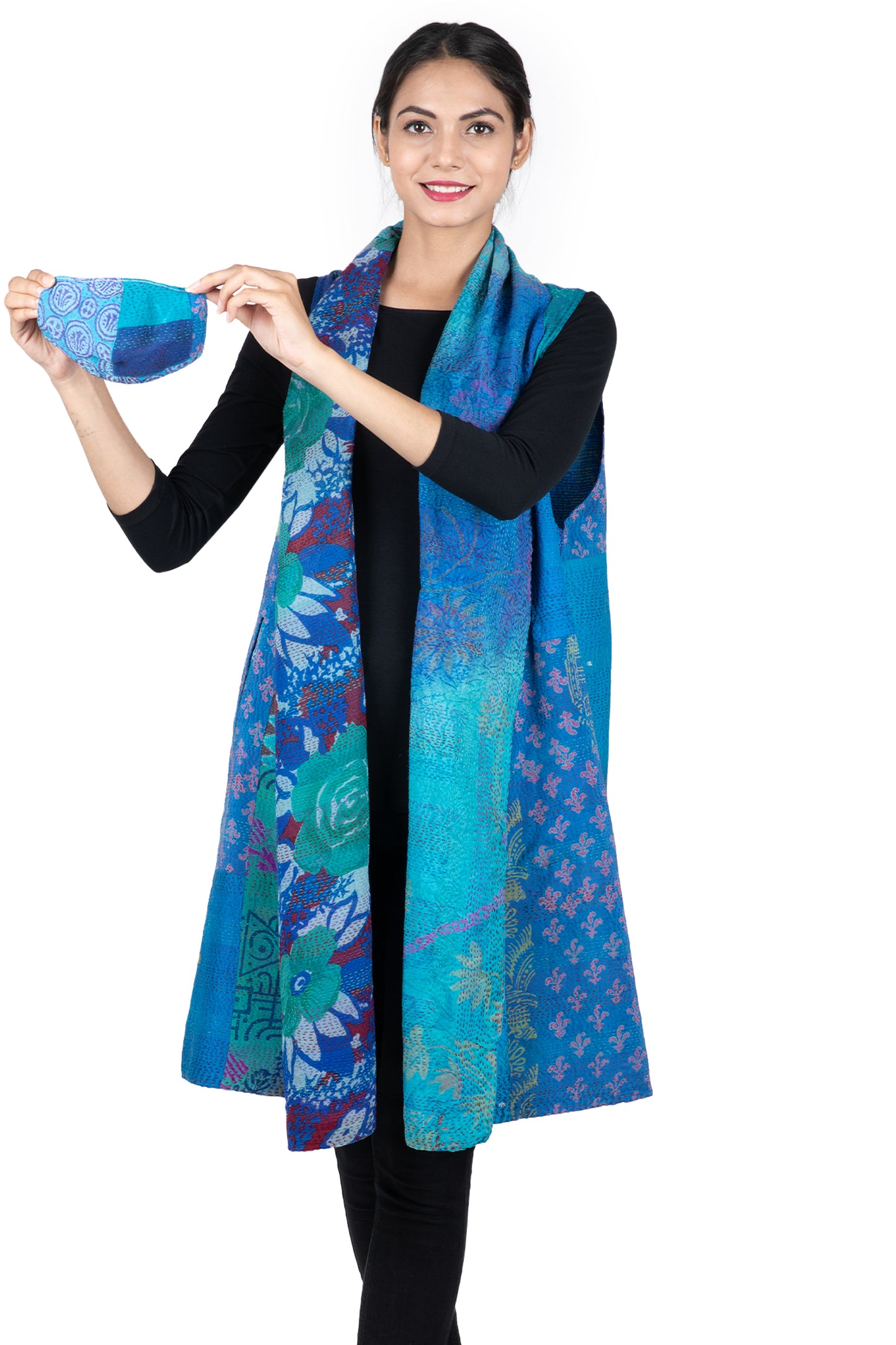 GEORGETTE VINTAGE SILK PATCH KANTHA SHAWL COLLAR VEST