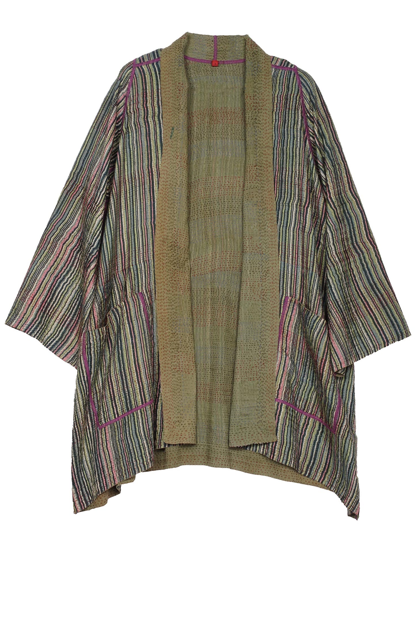 GREEN STRIPE W VINTAGE BACKING KANTHA A-LINE JKT