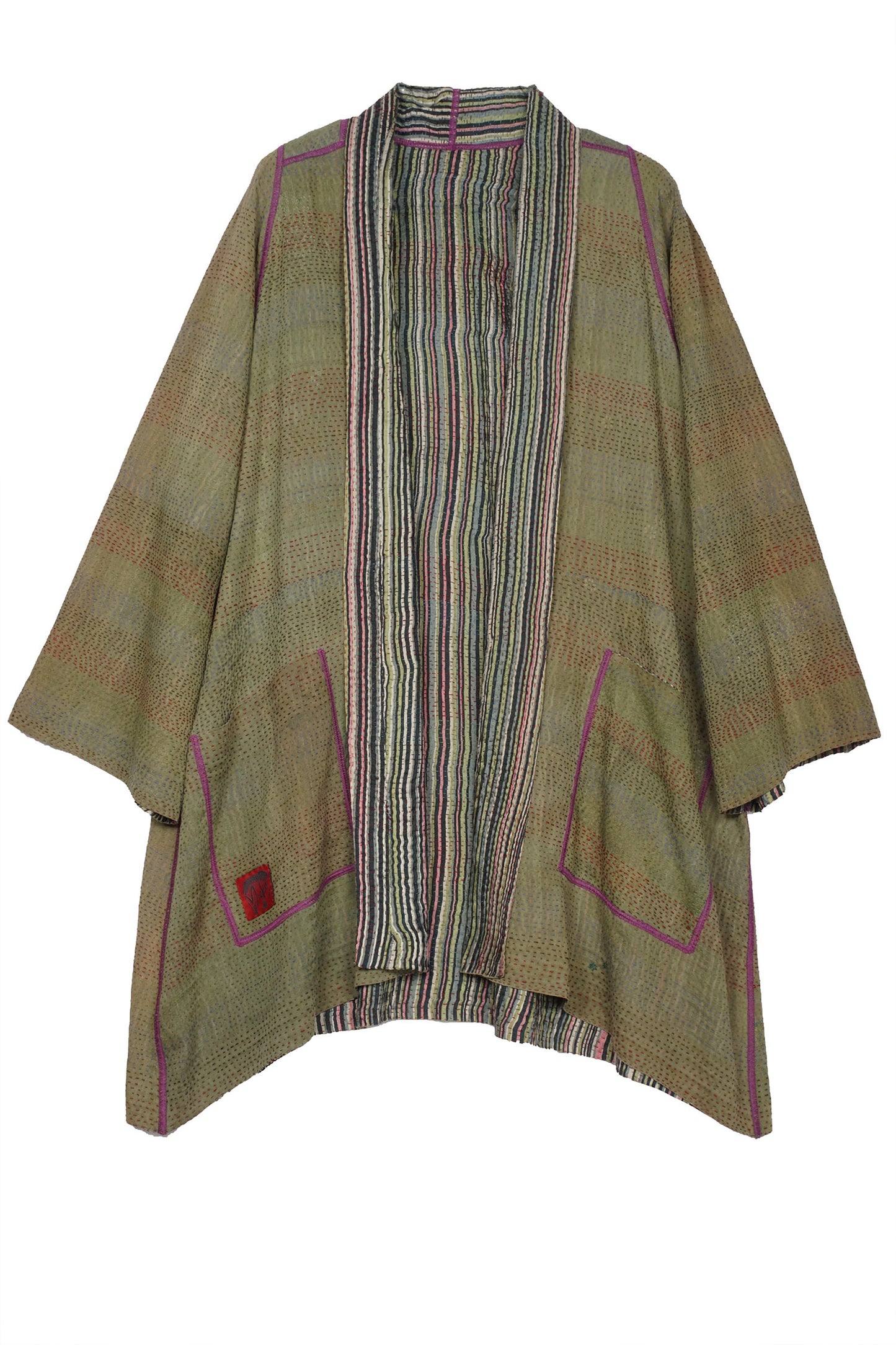 GREEN STRIPE W VINTAGE BACKING KANTHA A-LINE JKT