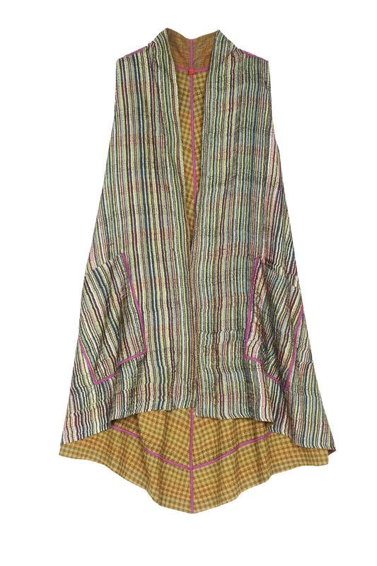 GREEN STRIPE W VINTAGE BACKING KANTHA A-LINE VEST