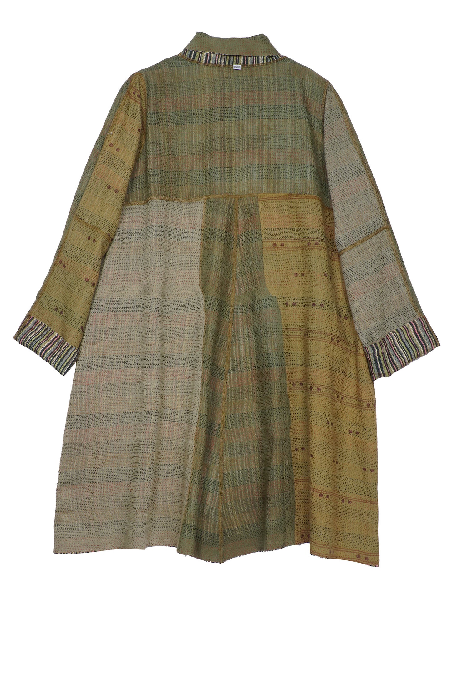 GREEN STRIPE W VINTAGE BACKING KANTHA A-LINE DUSTER