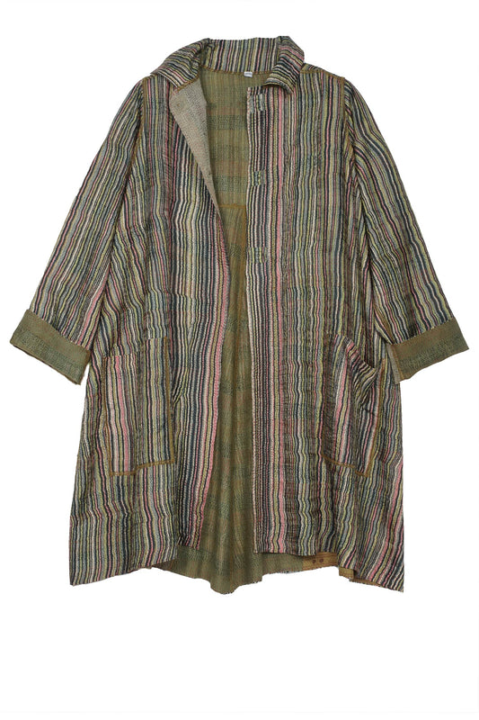 GREEN STRIPE W VINTAGE BACKING KANTHA A-LINE DUSTER