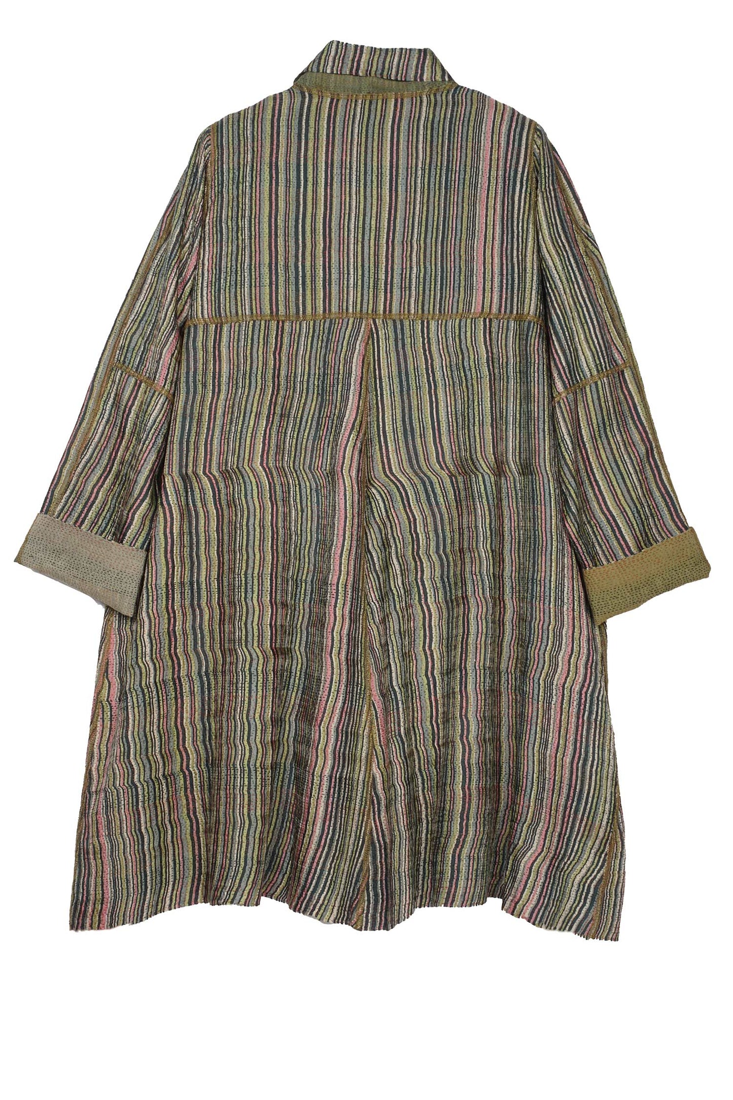 GREEN STRIPE W VINTAGE BACKING KANTHA A-LINE DUSTER