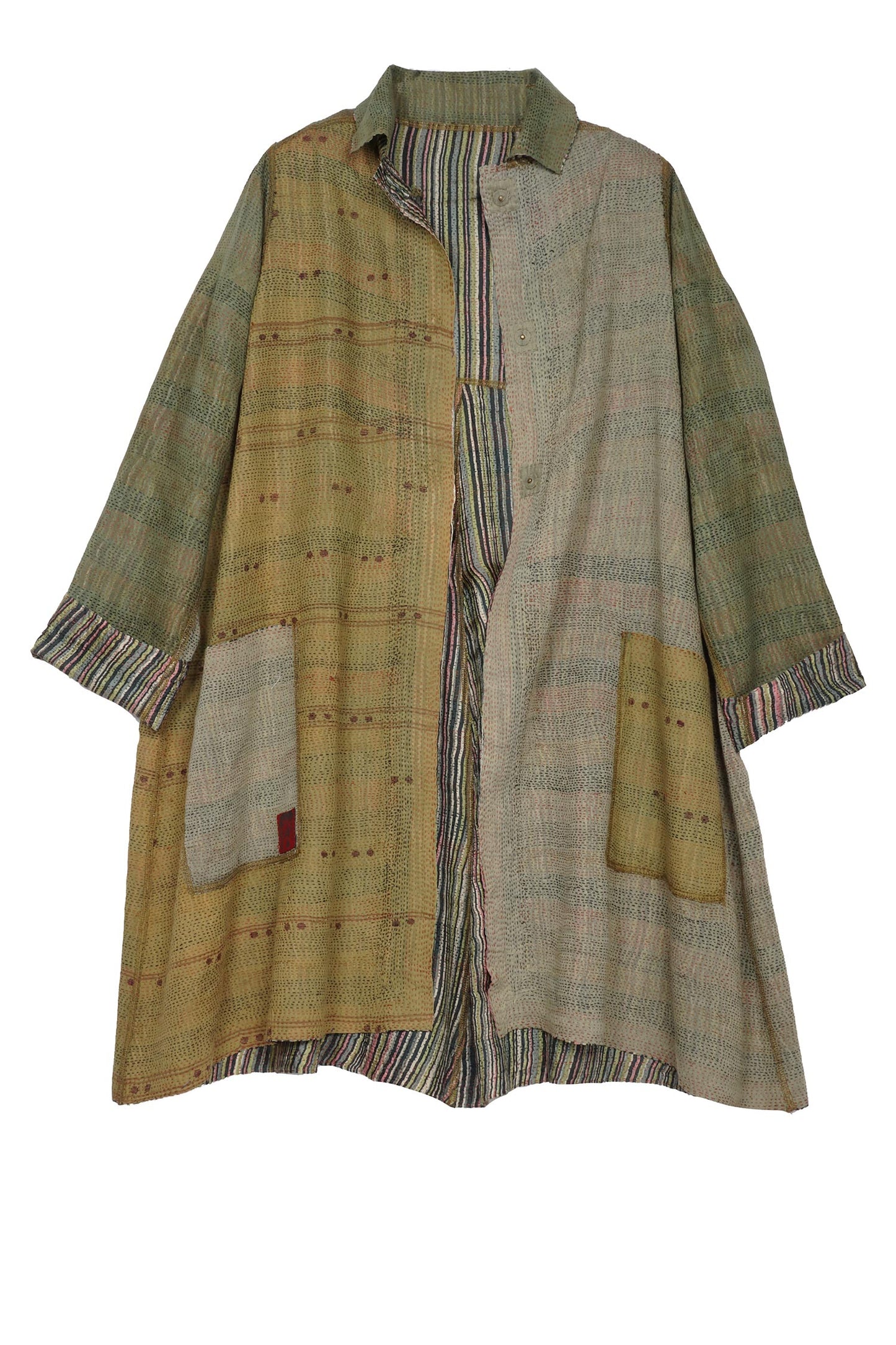 GREEN STRIPE W VINTAGE BACKING KANTHA A-LINE DUSTER