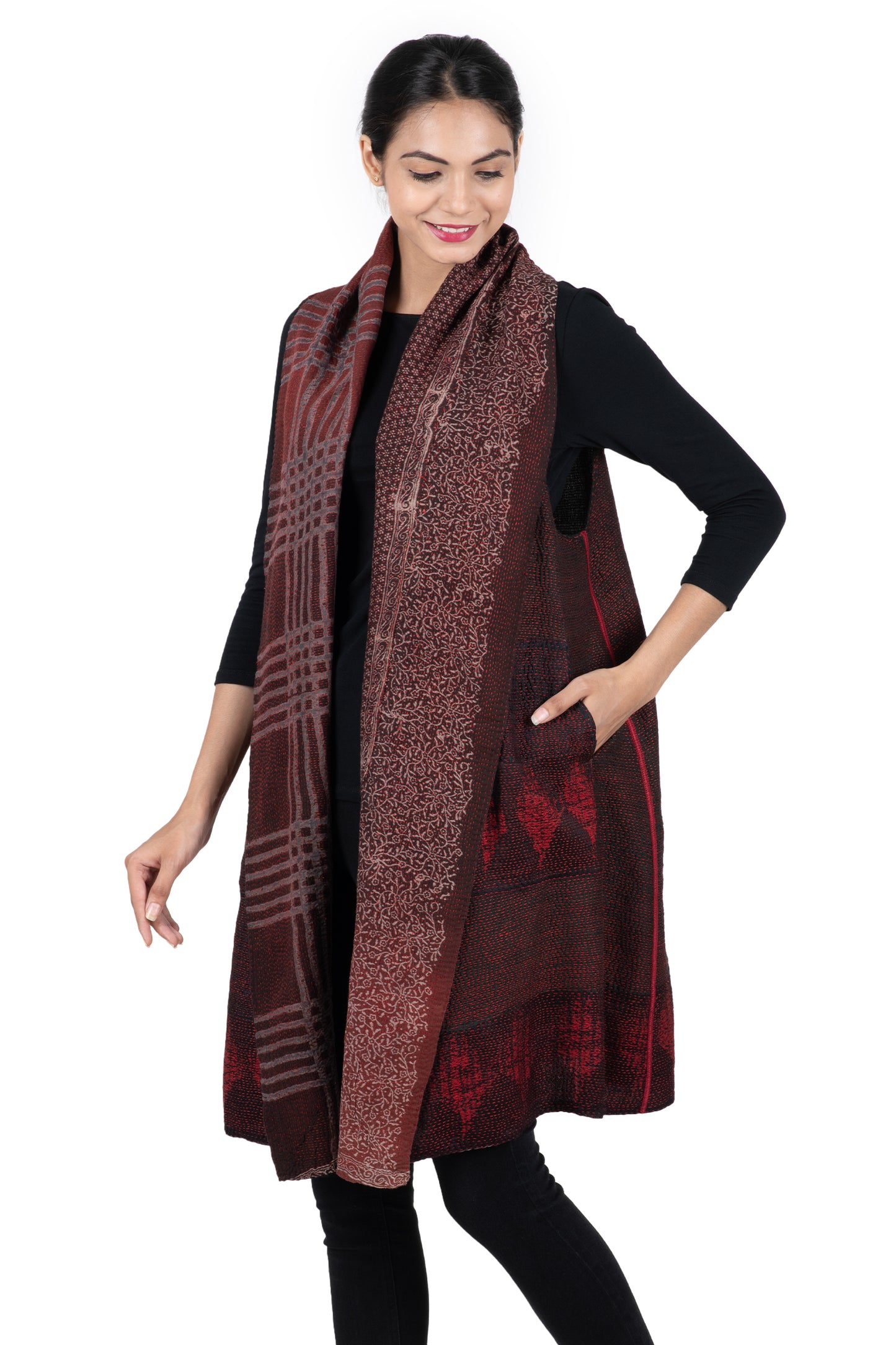 INDONESIAN PRINT & BORDER SHIBORI KANTHA SHAWL COLLAR VEST