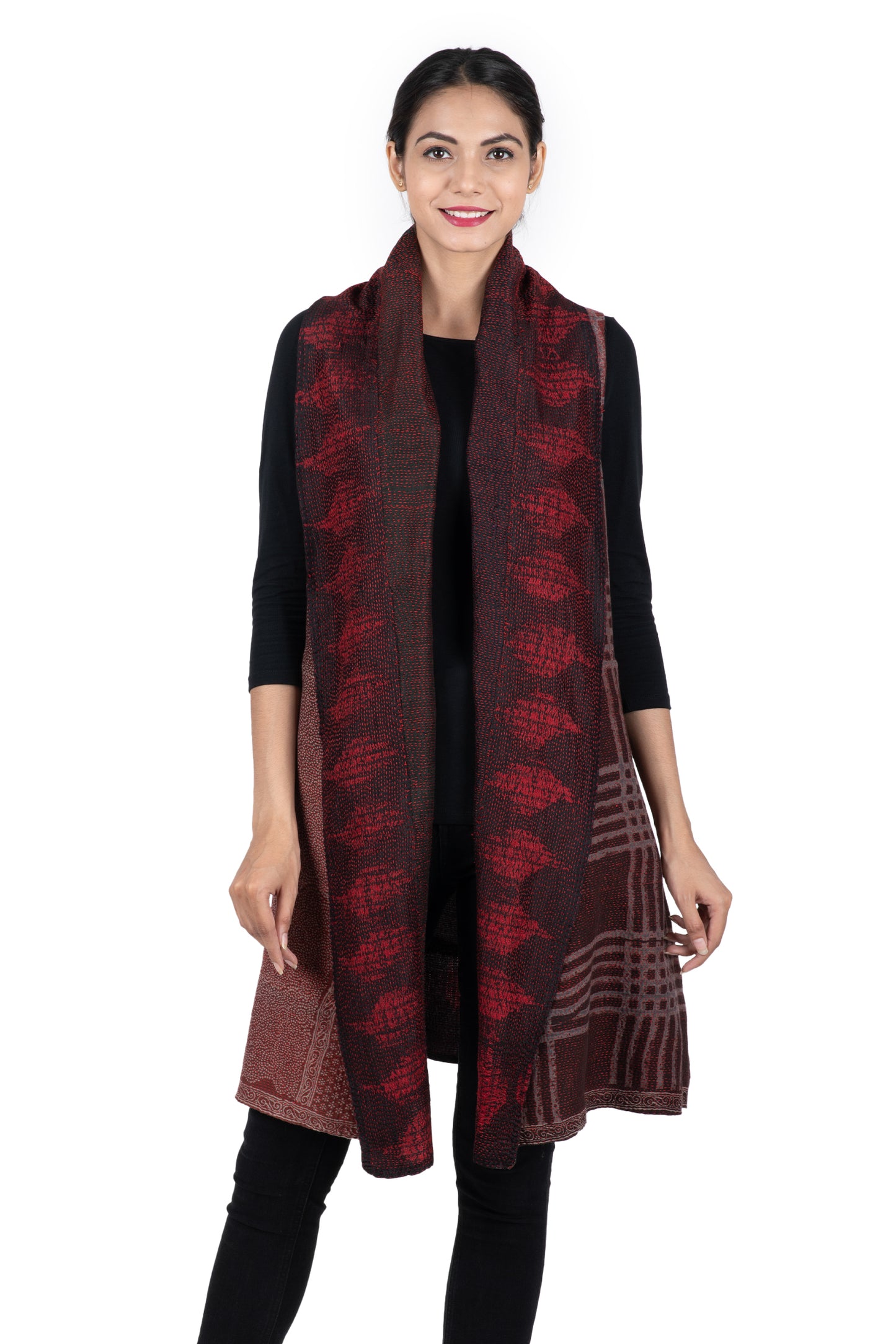 INDONESIAN PRINT & BORDER SHIBORI KANTHA SHAWL COLLAR VEST