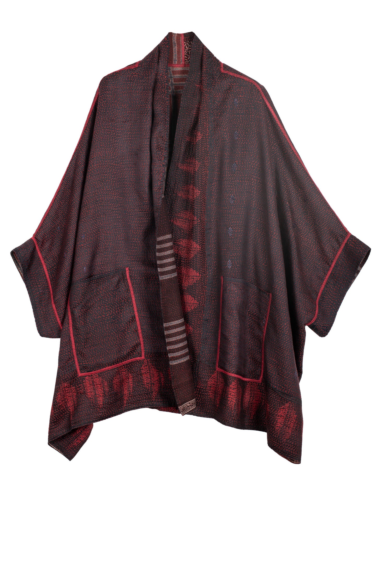 INDONESIAN PRINT & BORDER SHIBORI KANTHA DOUBLE COLLAR PONCHO