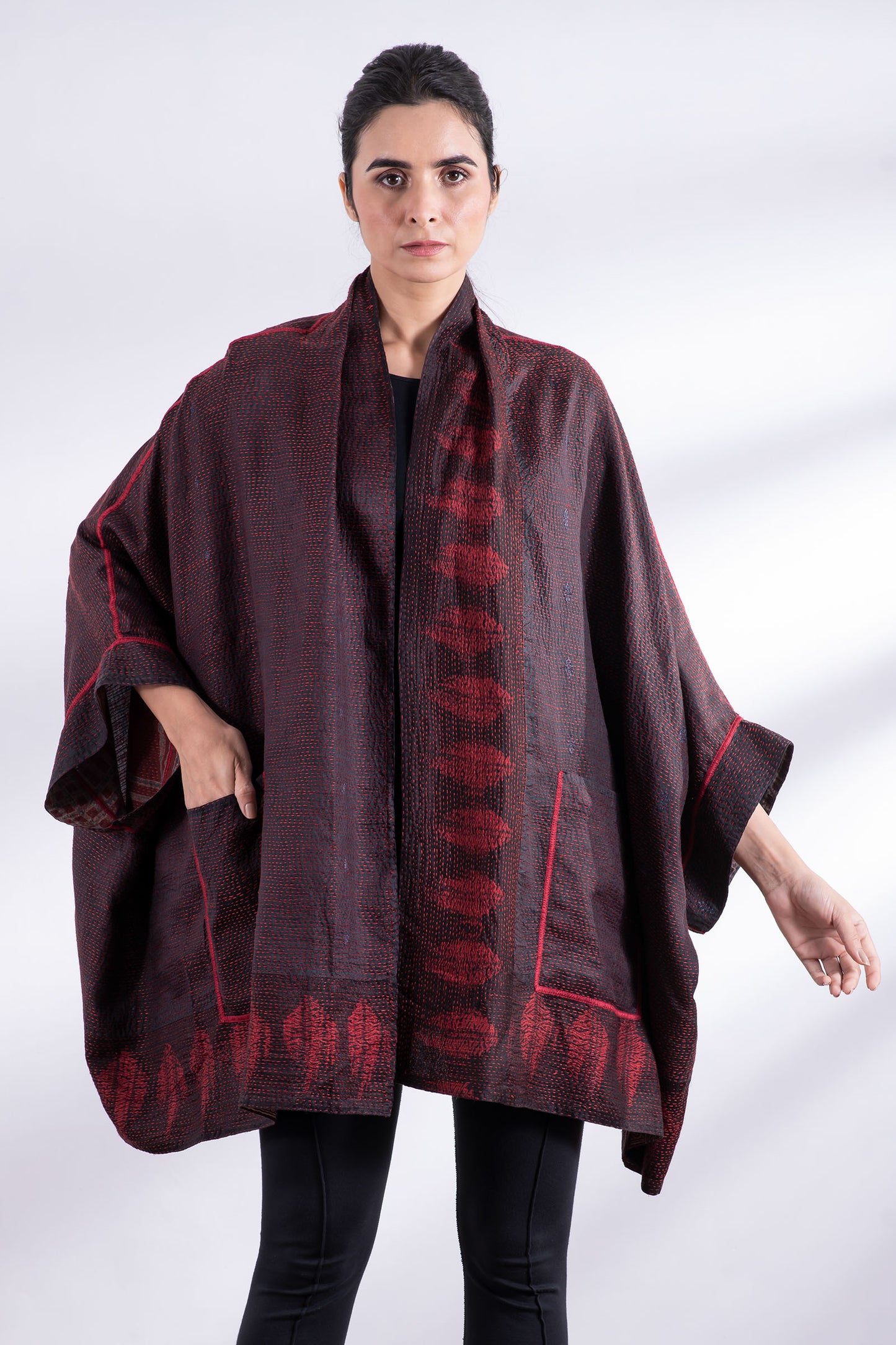 INDONESIAN PRINT & BORDER SHIBORI KANTHA DOUBLE COLLAR PONCHO