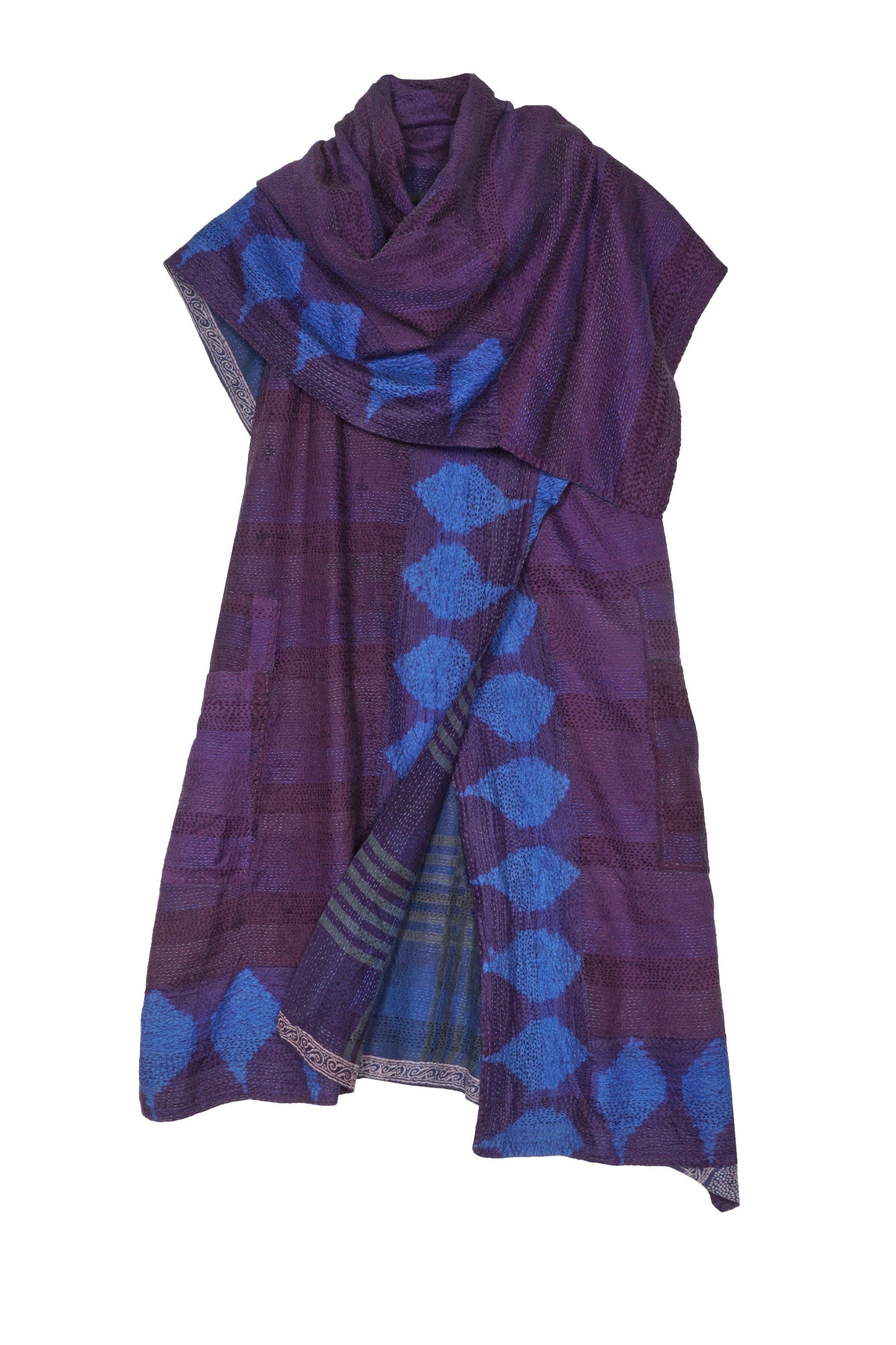 INDONESIAN PRINT & BORDER SHIBORI KANTHA COWL NECK DRESS