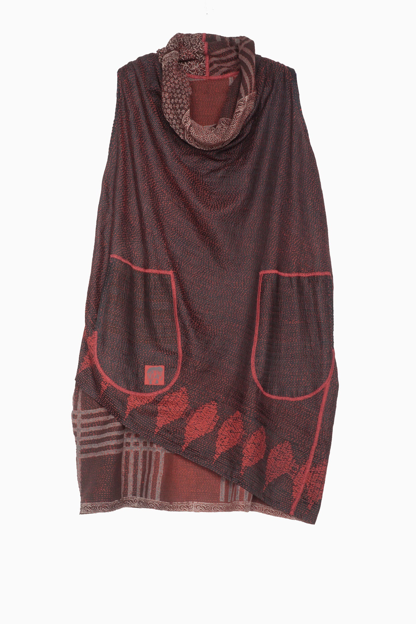 INDONESIAN PRINT & BORDER SHIBORI KANTHA DRAPED NECK TUNIC