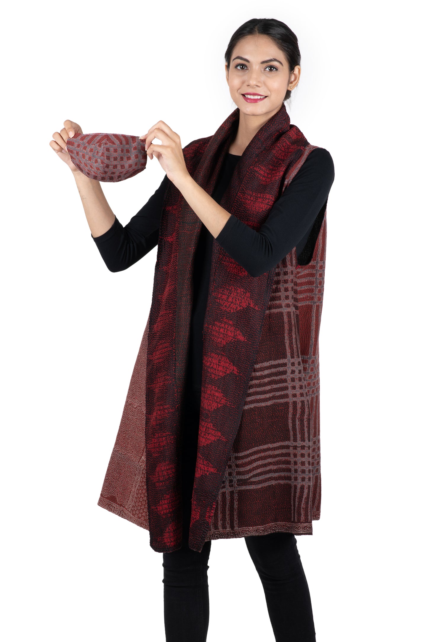 INDONESIAN PRINT & BORDER SHIBORI KANTHA SHAWL COLLAR VEST