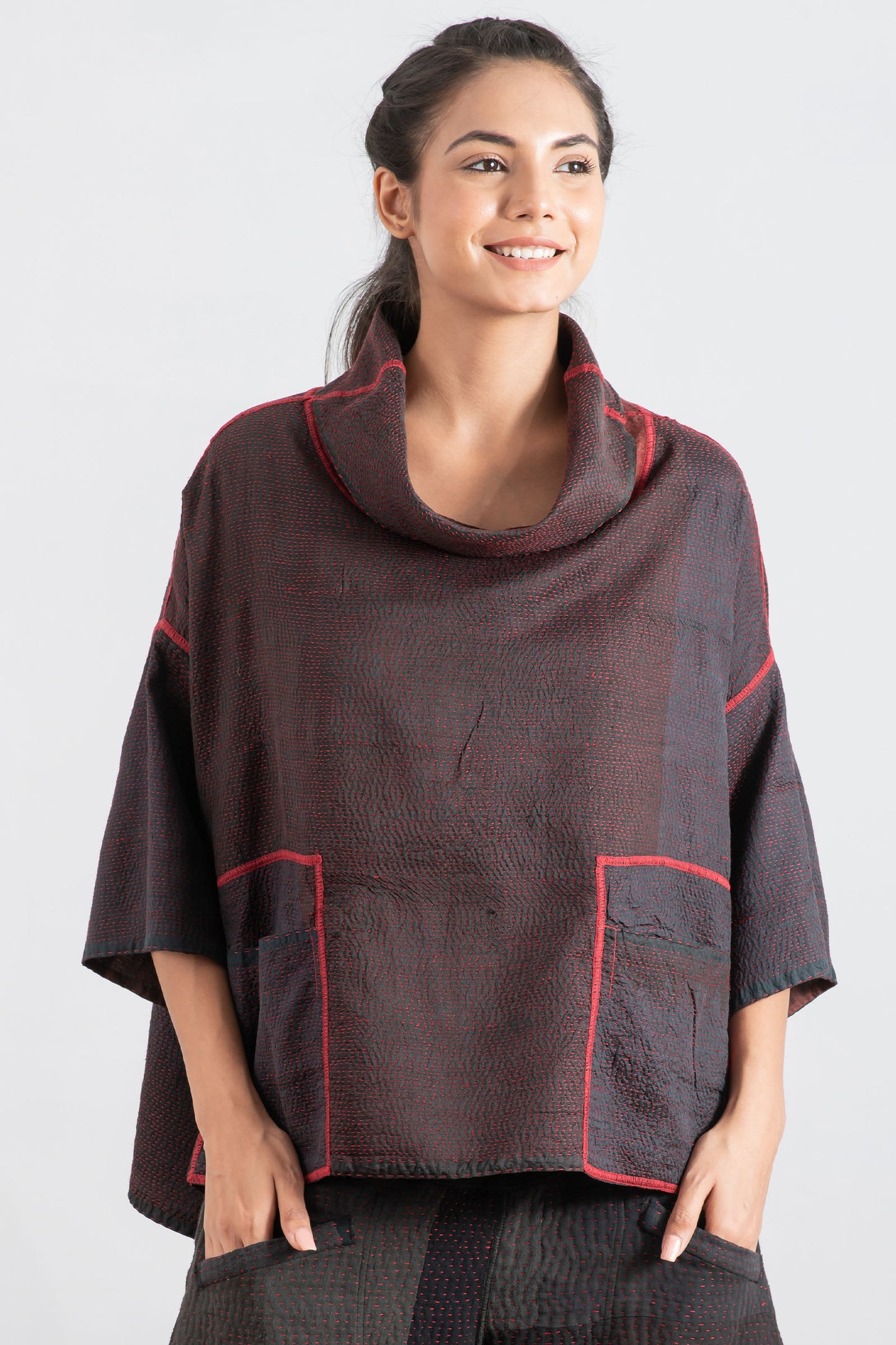 INDONESIAN PRINT KANTHA COWL NECK PONCHO