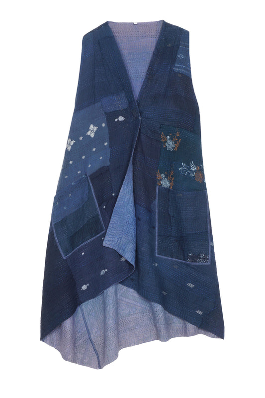 INDIGO WHITE FRAYED PATCH KANTHA WRAP VEST