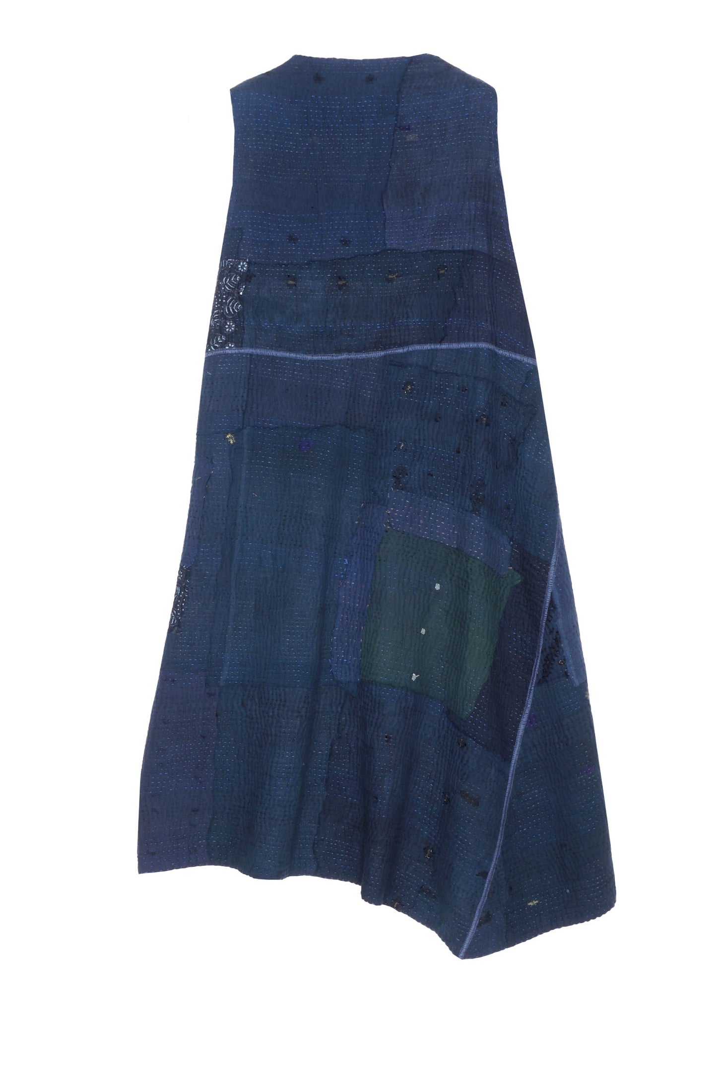 INDIGO WHITE FRAYED PATCH KANTHA WRAP VEST