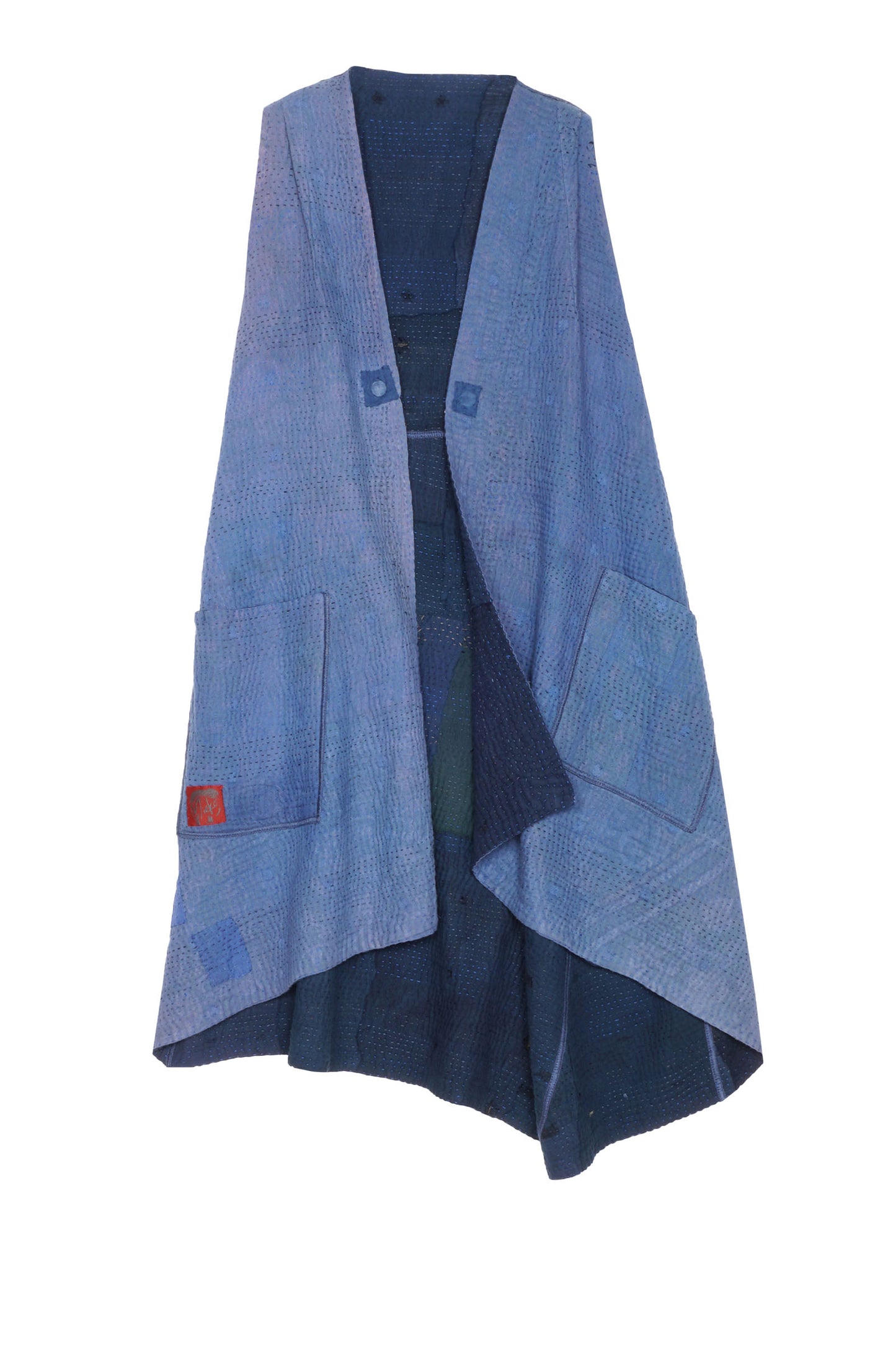 INDIGO WHITE FRAYED PATCH KANTHA WRAP VEST