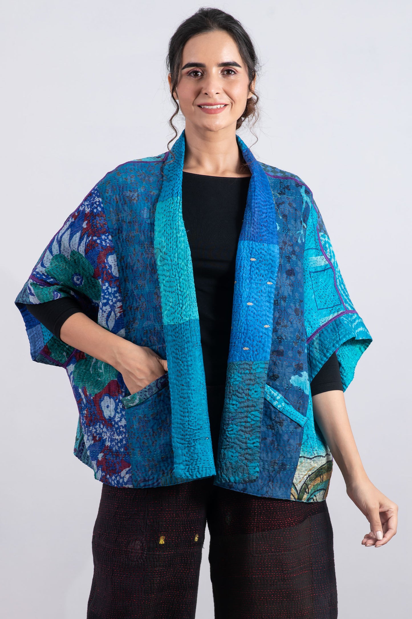 JACQUARD SILK KANTHA MINI PONCHO