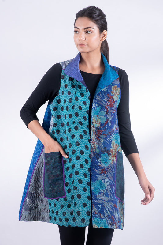 JACQUARD SILK KANTHA WING COLLAR VEST