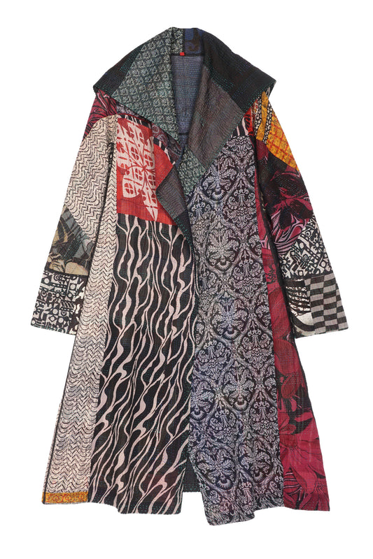 JACQUARD SILK KANTHA A-LINE LONG COAT