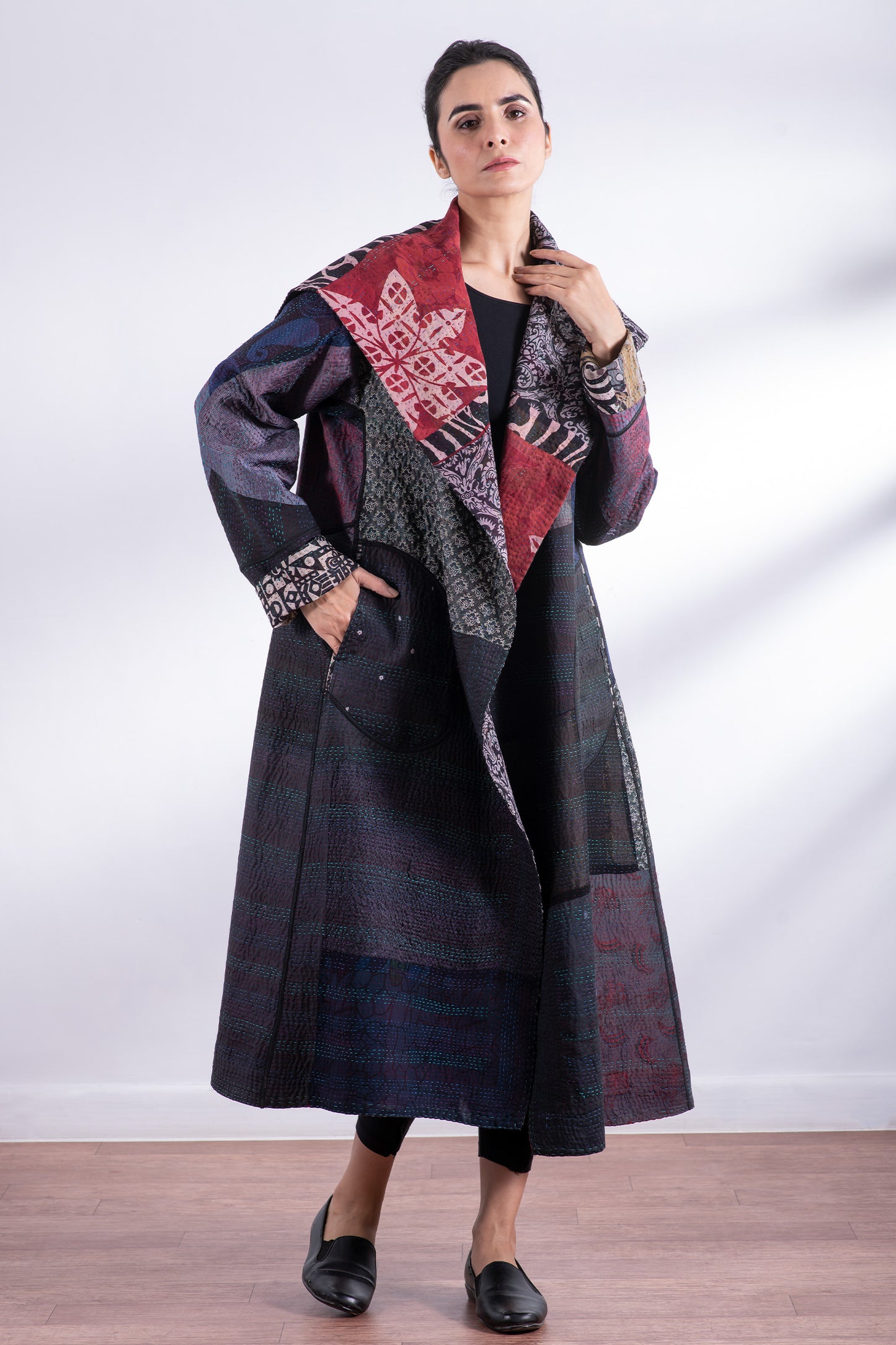 JACQUARD SILK KANTHA A-LINE LONG COAT