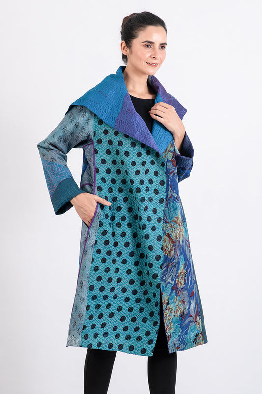 JACQUARD SILK KANTHA A-LINE COAT