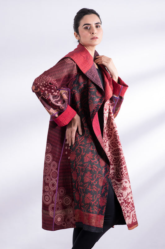 JACQUARD SILK KANTHA A-LINE COAT