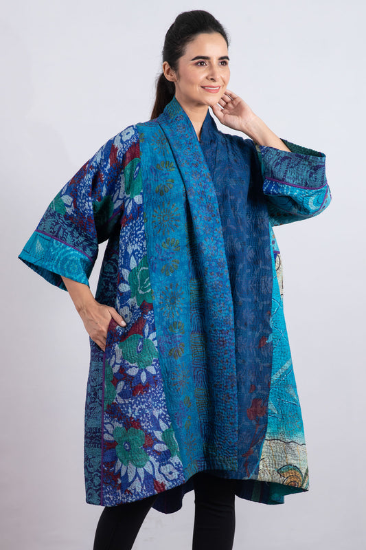 JACQUARD SILK KANTHA  3/4 SLV. A-LINE DUSTER