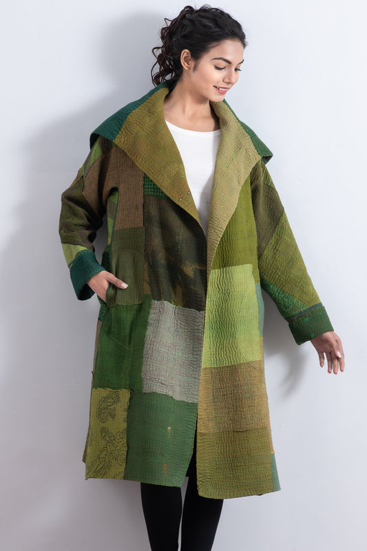 FRAYED PATCH MIX KANTHA A-LINE COAT