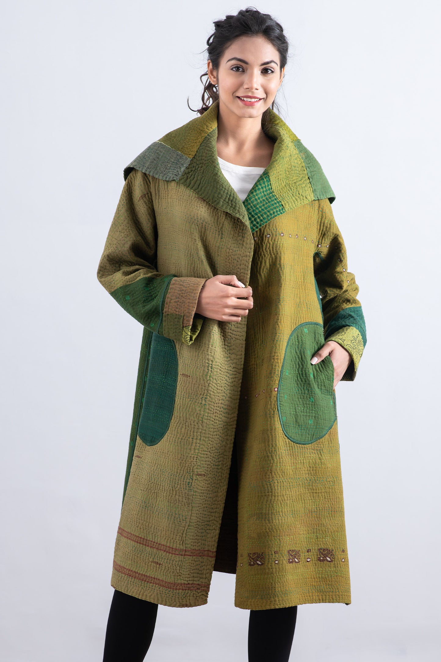 FRAYED PATCH MIX KANTHA A-LINE COAT