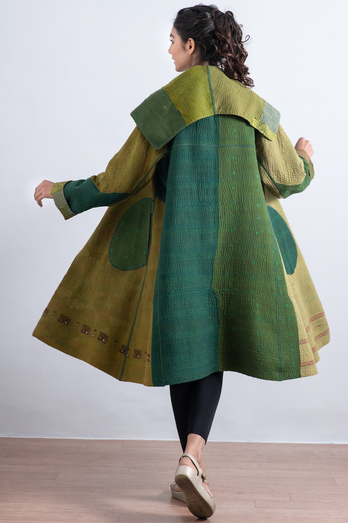 FRAYED PATCH MIX KANTHA A-LINE COAT