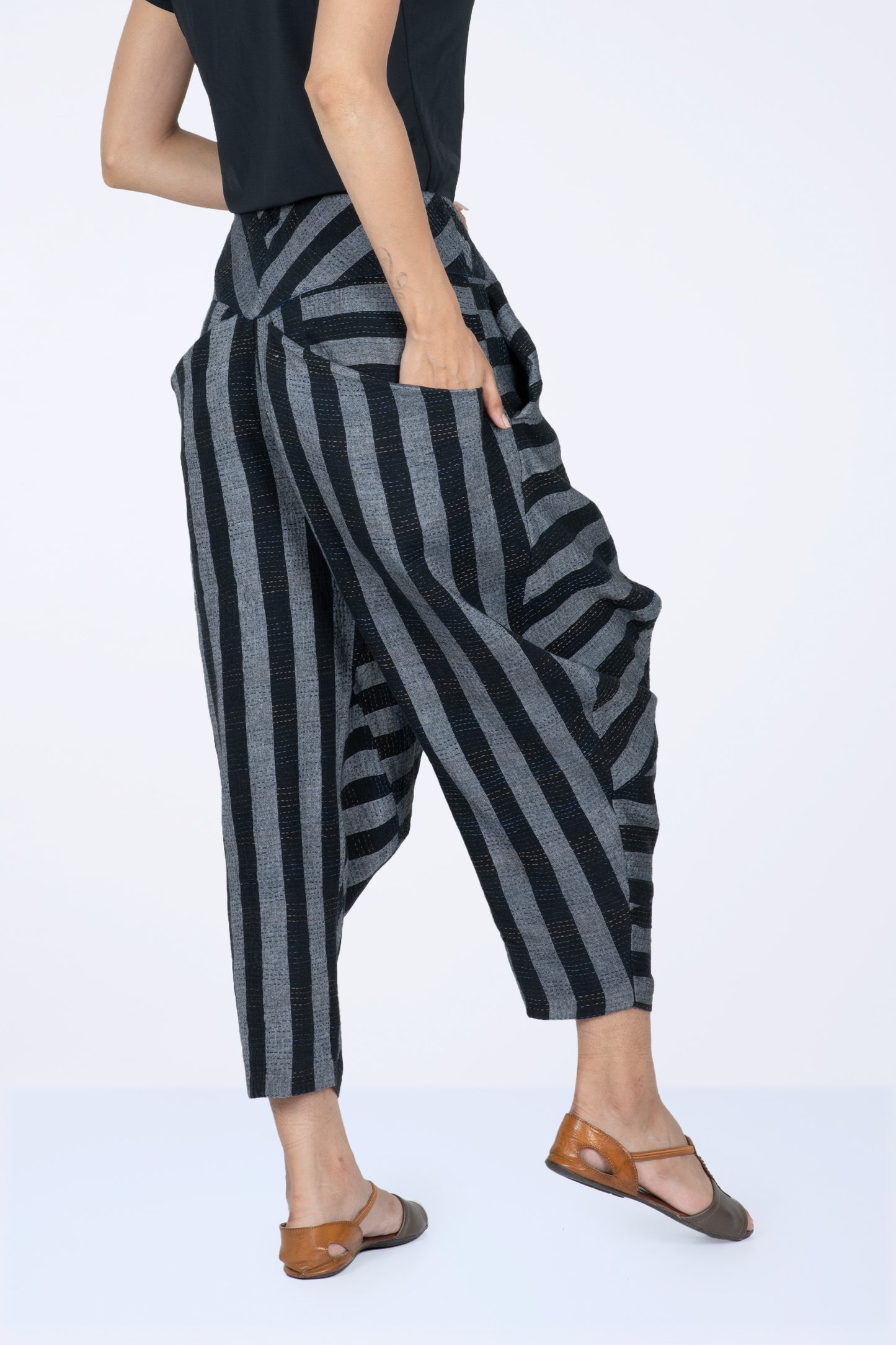 WOVEN STRIPE FRAYED PATCH BACK KANTHA YAMAHA PANTS