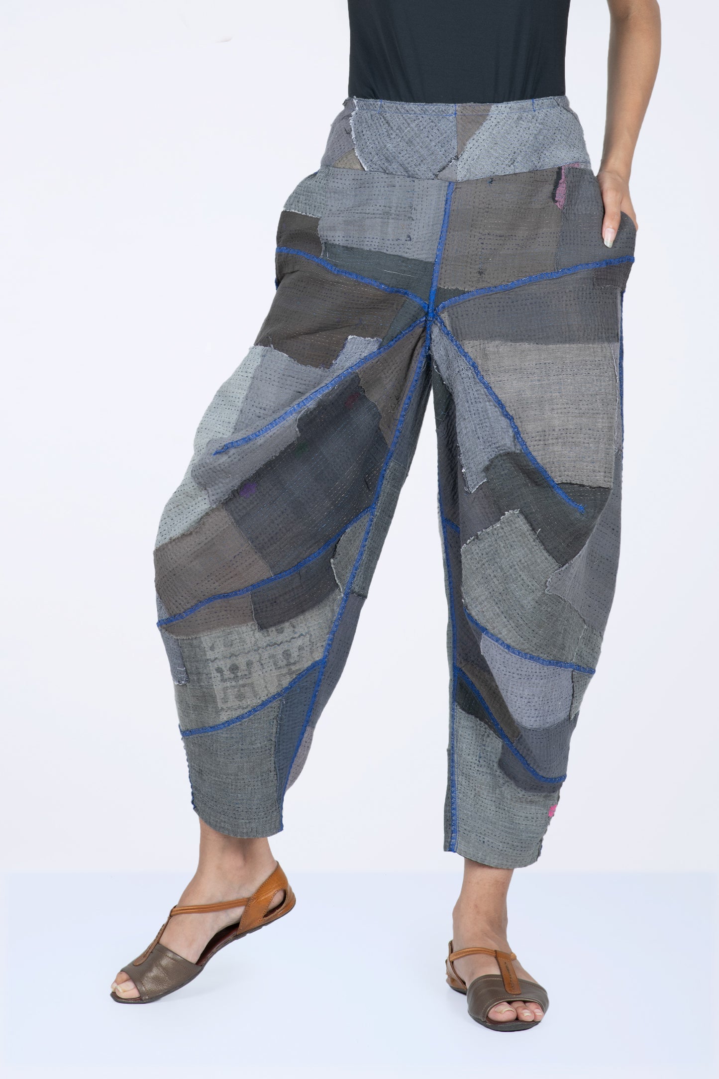 WOVEN STRIPE FRAYED PATCH BACK KANTHA YAMAHA PANTS