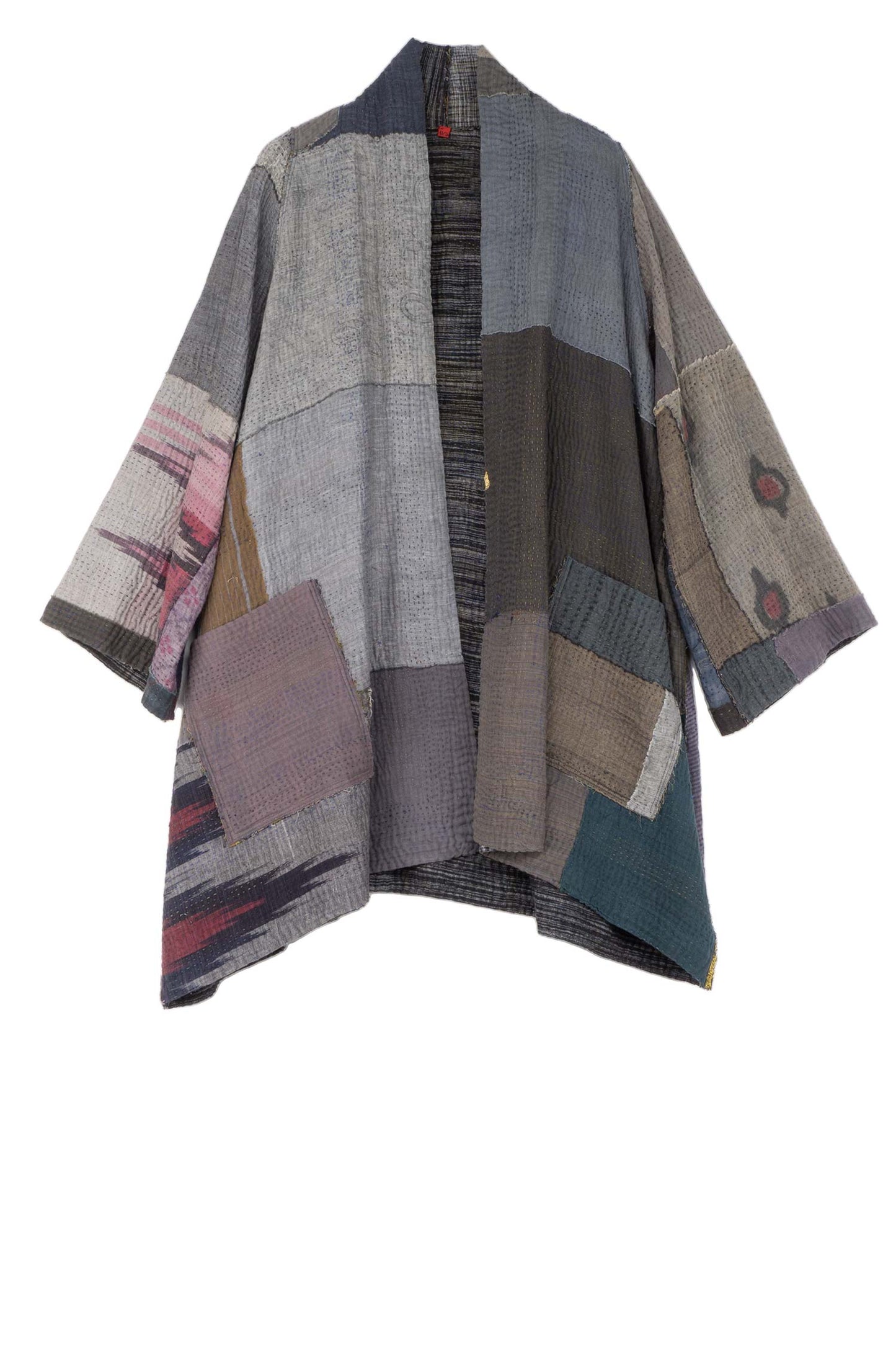 WOVEN IKAT & FRAYED PATCH KANTHA A-LINE JKT