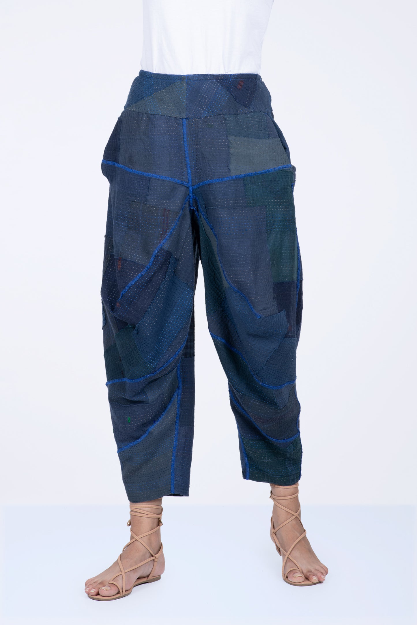 WOVEN STRIPE FRAYED PATCH BACK KANTHA YAMAHA PANTS