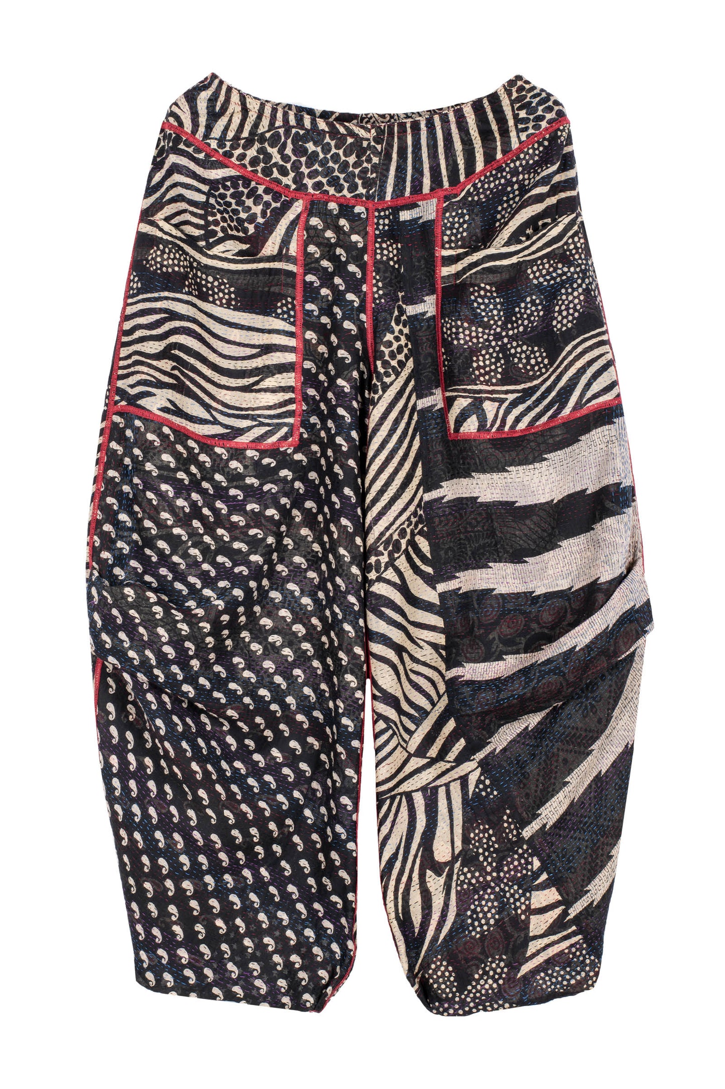 PATCHED PRINT KANTHA KNEE TUCKED PANTS