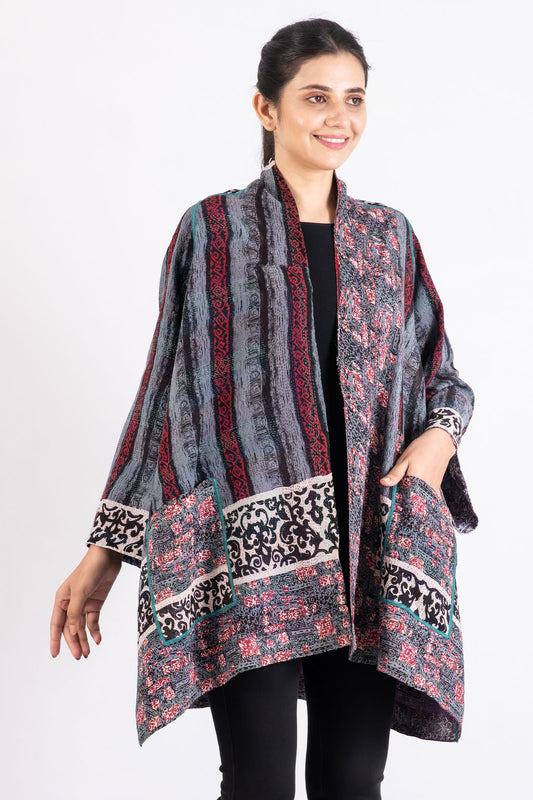 VINTAGE SILK GEORGETTE KANTHA A-LINE JKT