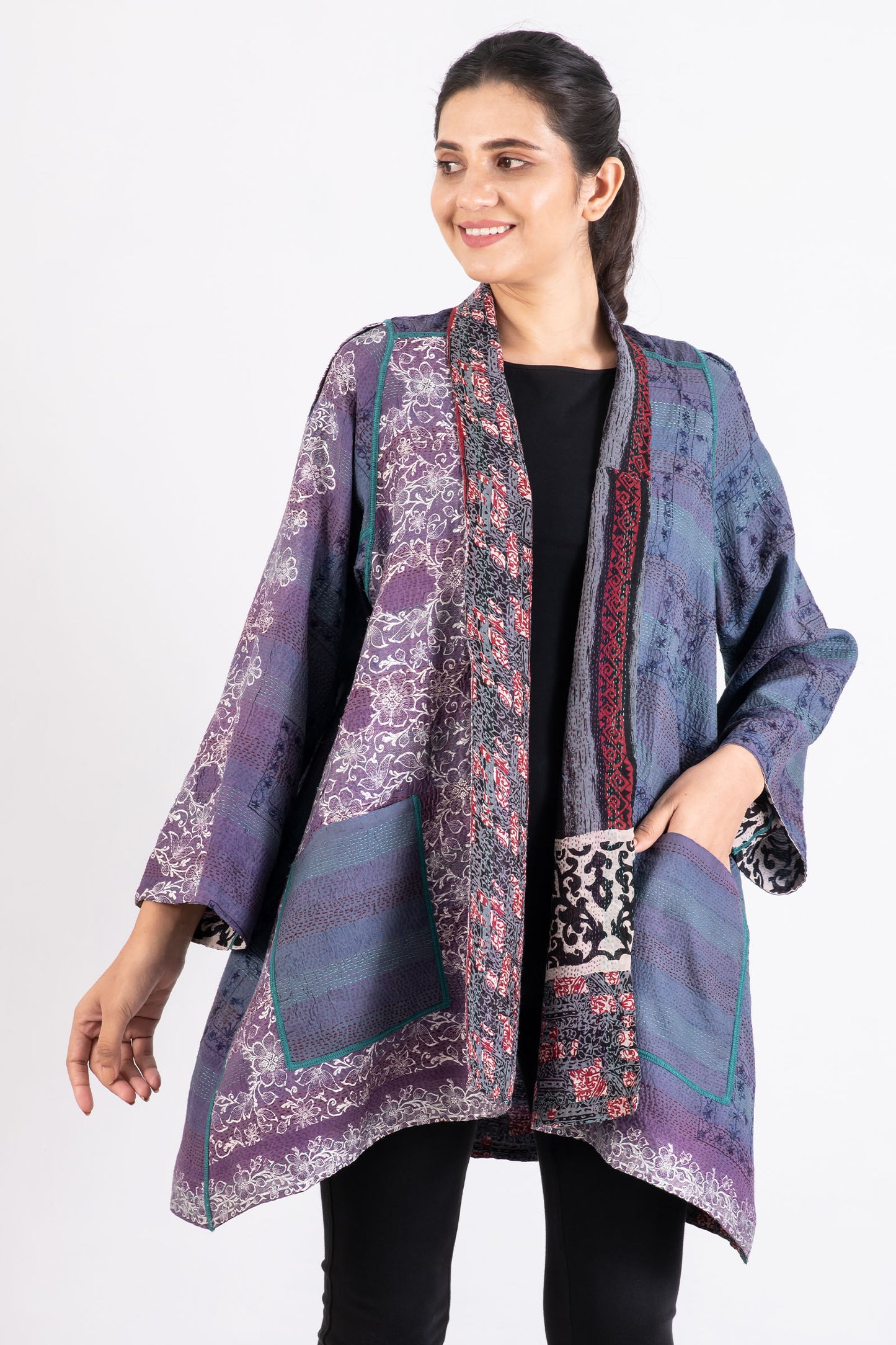 VINTAGE SILK GEORGETTE KANTHA A-LINE JKT