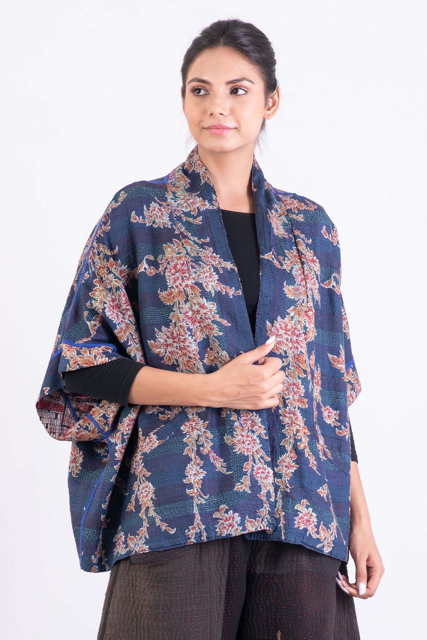 VINTAGE SILK GEORGETTE KANTHA MINI PONCHO