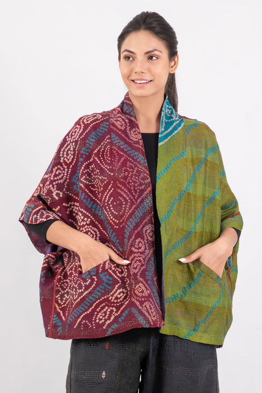 VINTAGE SILK GEORGETTE KANTHA MINI PONCHO