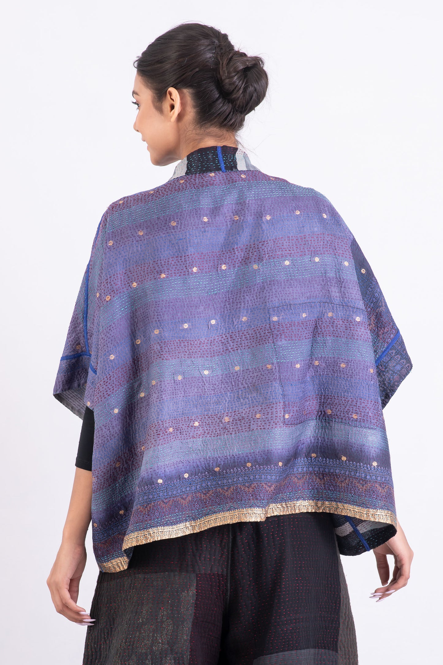 VINTAGE SILK GEORGETTE KANTHA MINI PONCHO