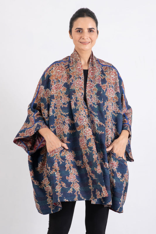 VINTAGE SILK GEORGETTE KANTHA DOUBLE COLLAR PONCHO