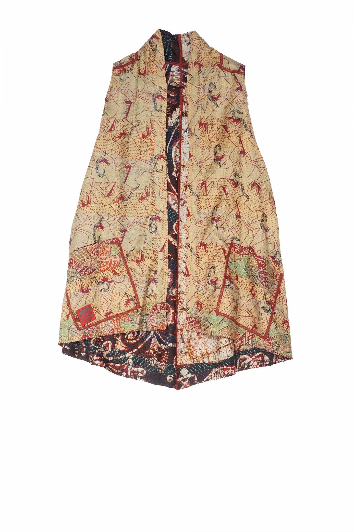 VINTAGE SILK W-FACE KANTHA A-LINE SHORT VEST