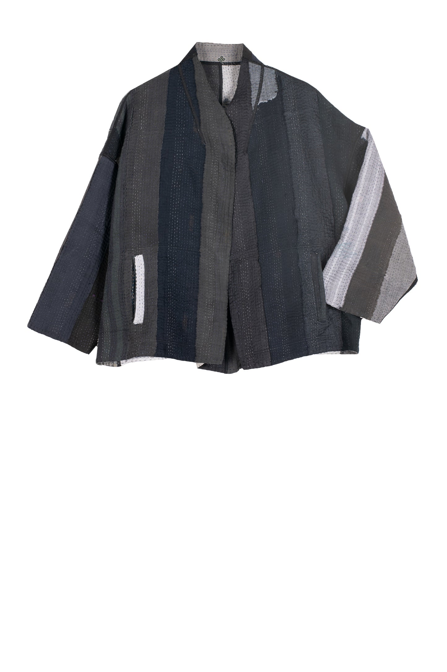 STRIPE AND CHECK COTTON SILK PATCH KANTHA  STAND COLLAR CROPPED JACKET