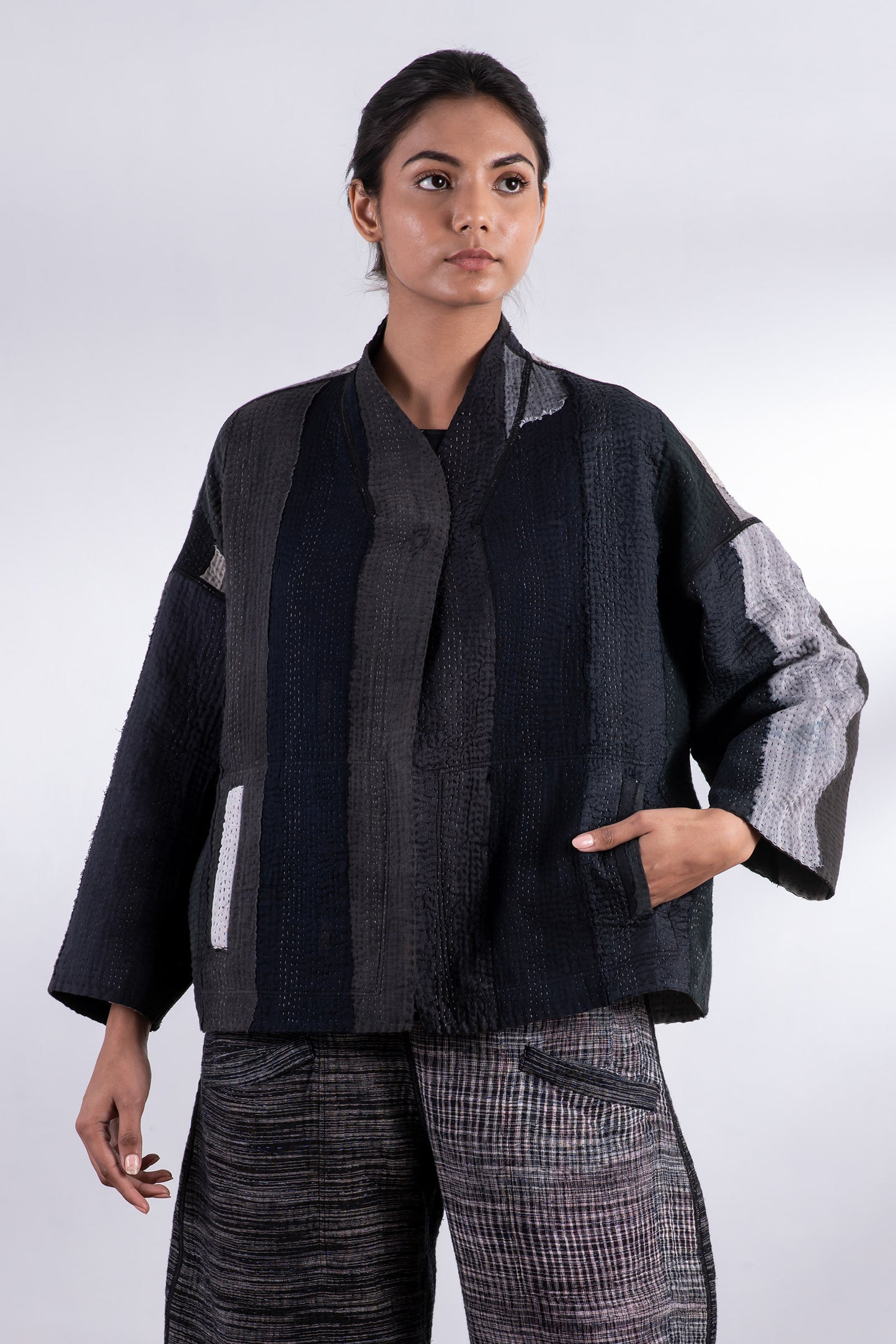 STRIPE AND CHECK COTTON SILK PATCH KANTHA  STAND COLLAR CROPPED JACKET