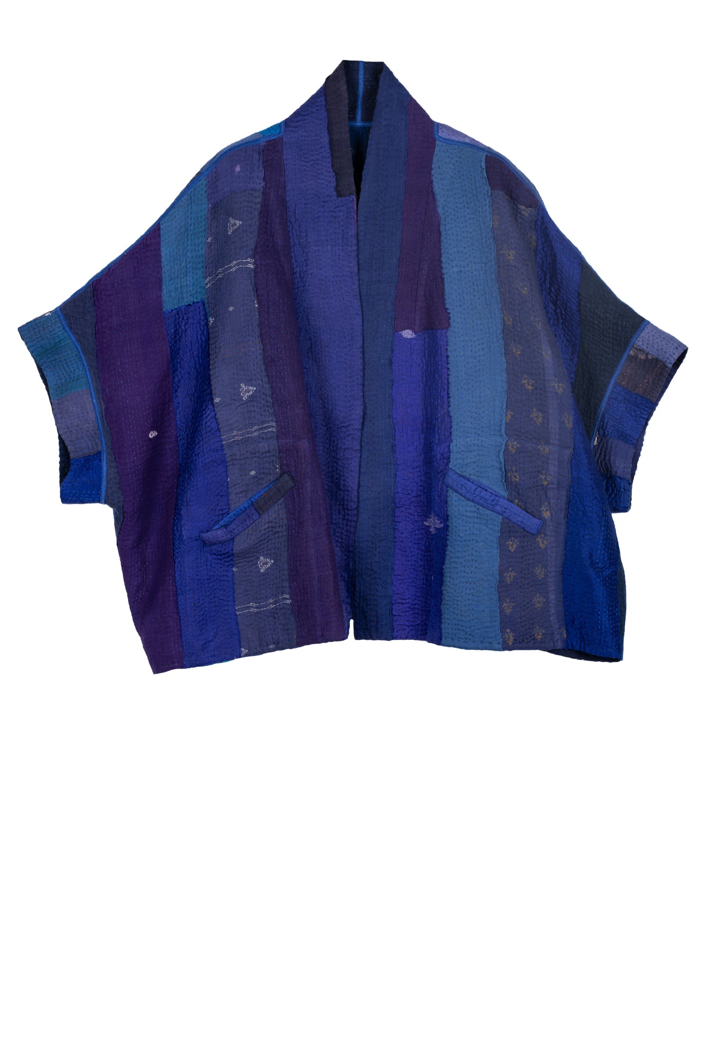 STRIPE AND CHECK COTTON SILK PATCH KANTHA MINI PONCHO