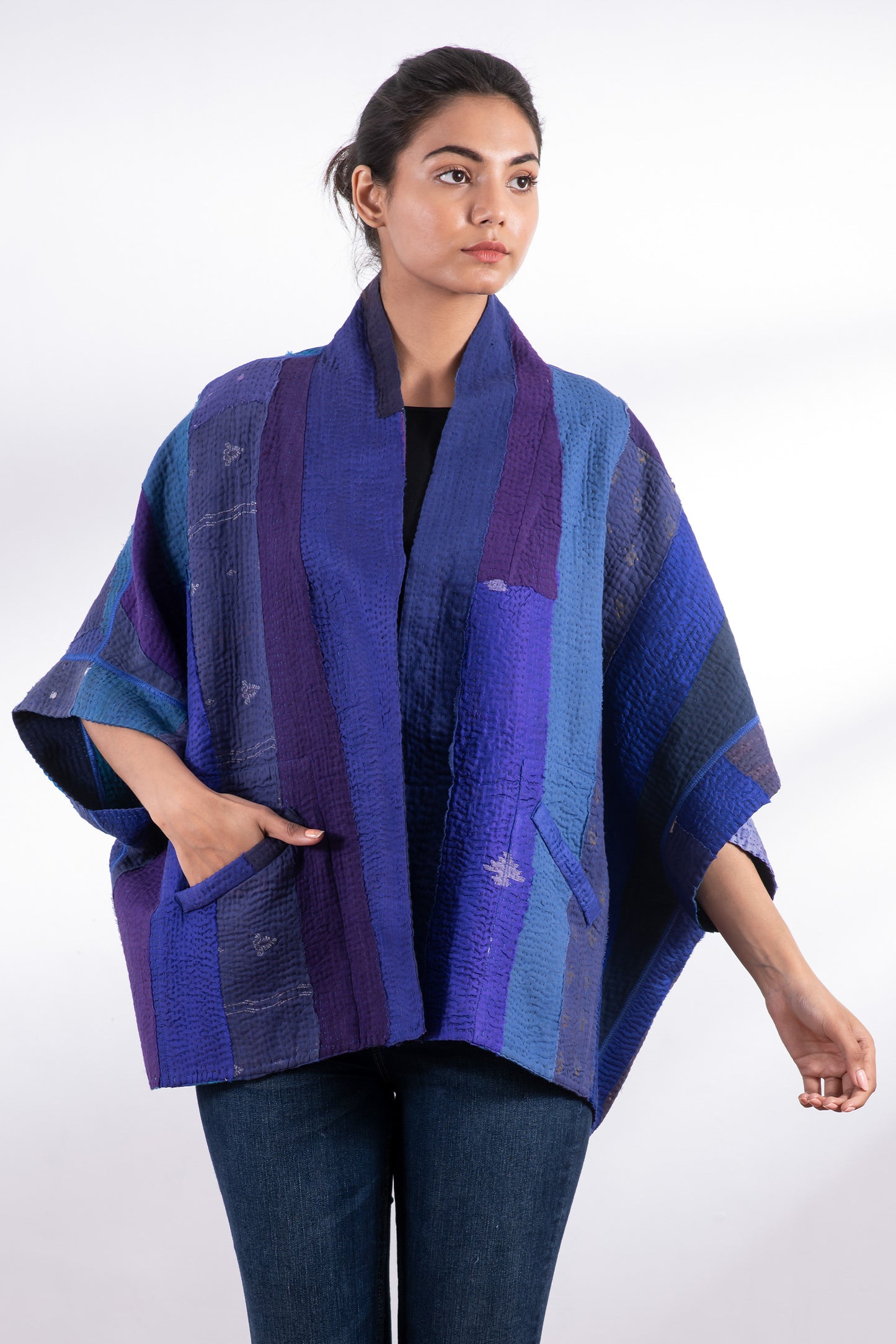 STRIPE AND CHECK COTTON SILK PATCH KANTHA MINI PONCHO