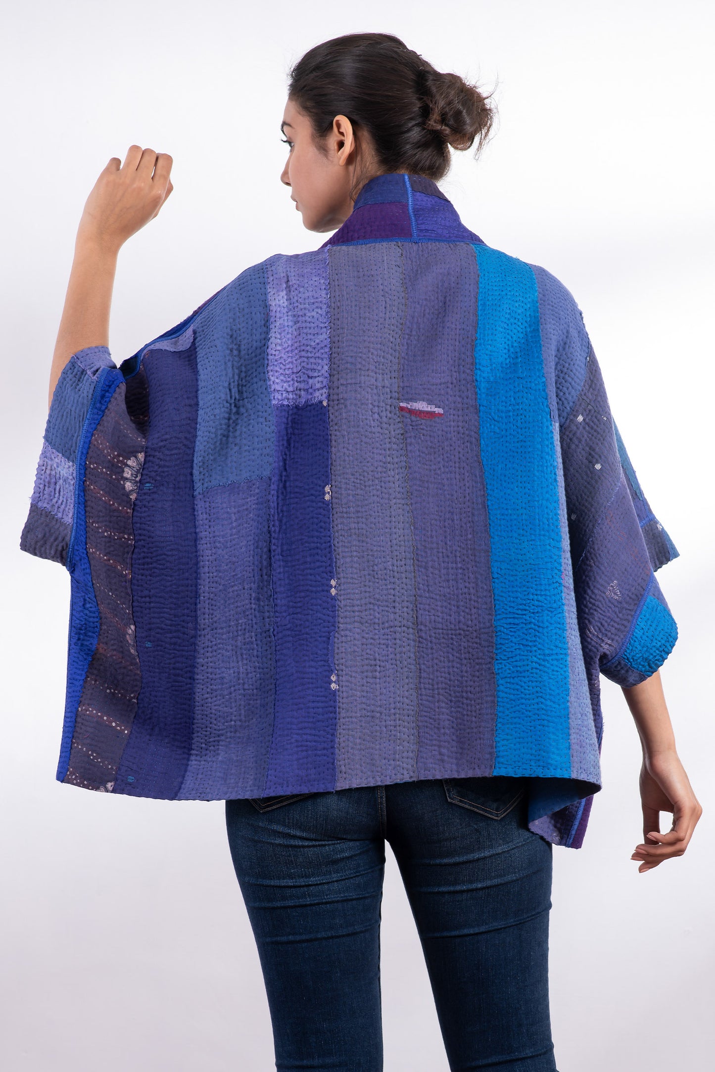 STRIPE AND CHECK COTTON SILK PATCH KANTHA MINI PONCHO