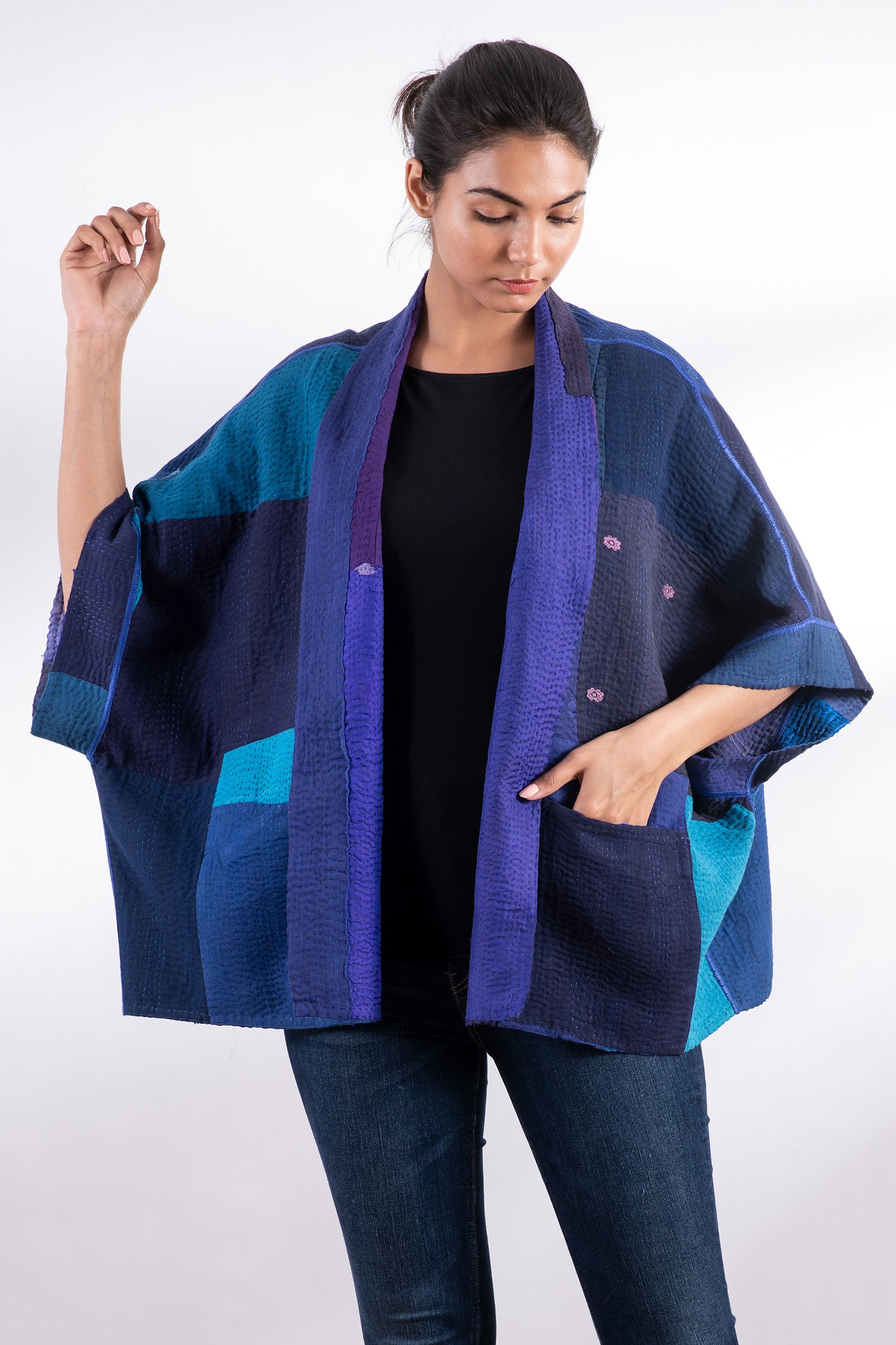 STRIPE AND CHECK COTTON SILK PATCH KANTHA MINI PONCHO